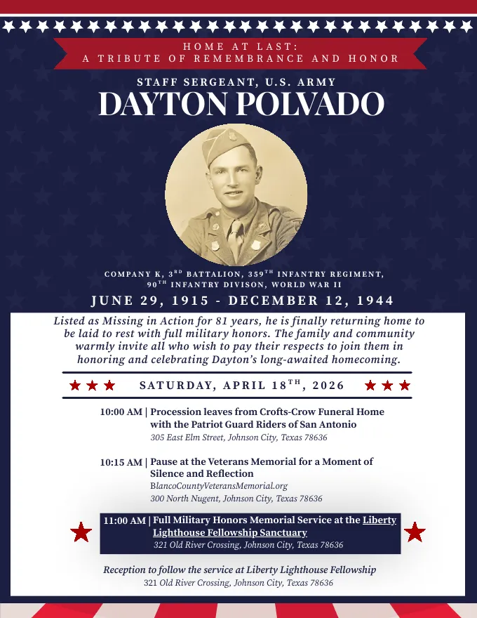 Poster for Home at Last, a tribute to Staff Sergeant Dayton Polvado, with the April 18, 2026 schedule