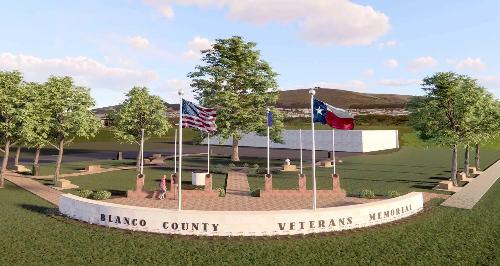 Architect's drawing of the Blanco County Veterans Memorial, with flags flying above the curved memorial wall